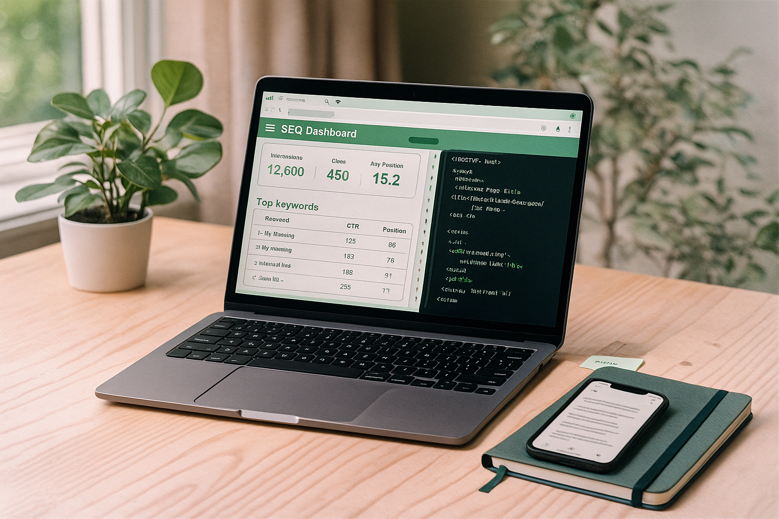 Werkplek met laptop waarop SEO-dashboard openstaat, naast notitieboekje