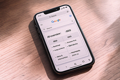 AI-overview mockup op iPhone met schema SEO versus GEO